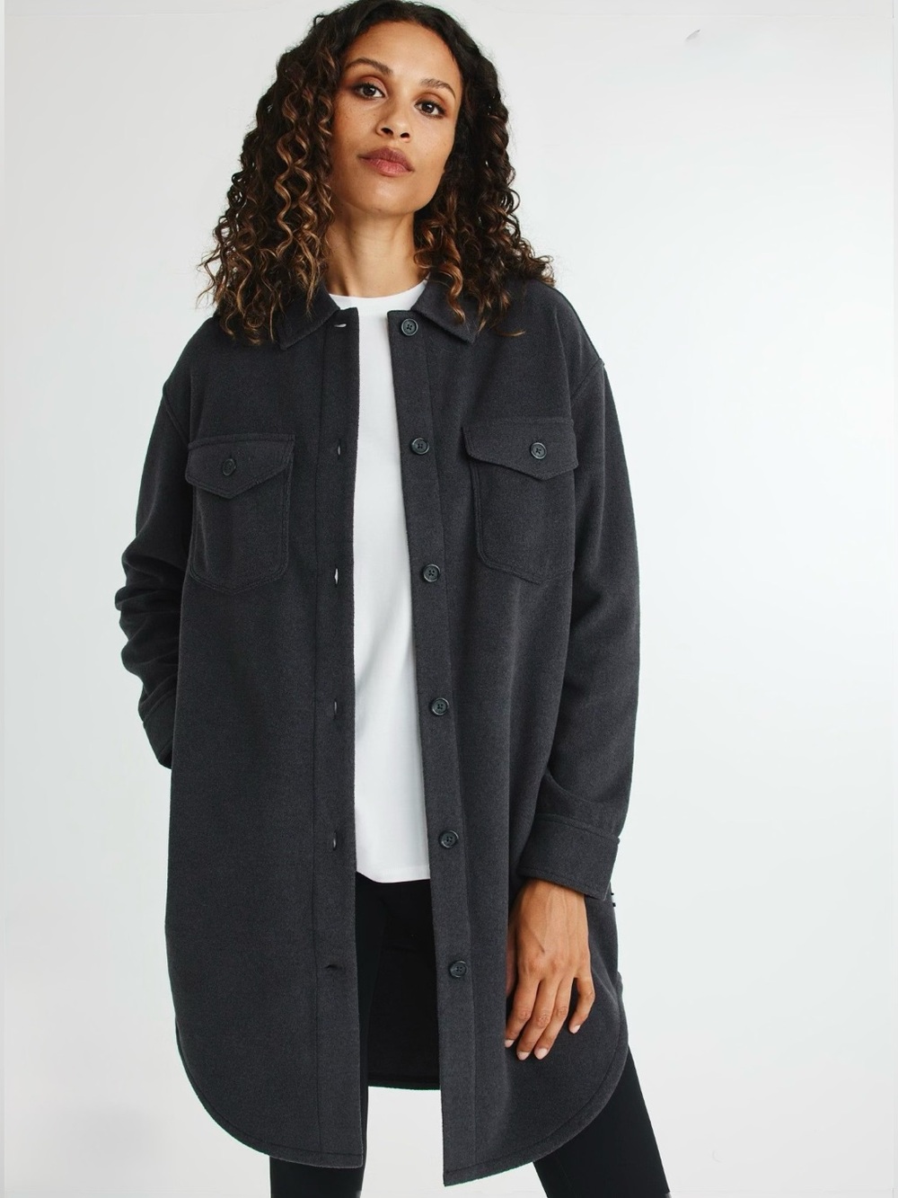 Kit & Ace Hygge Fleece Long Shirt Jacket Shacket Heather Plasma XS Charcoal Grey